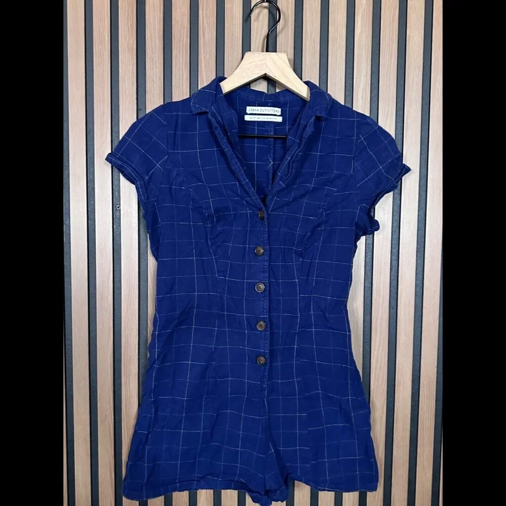 Urban Outfitters Shirt Romper XS Womens Blue Short Sleeve Pin Check Square Plaid